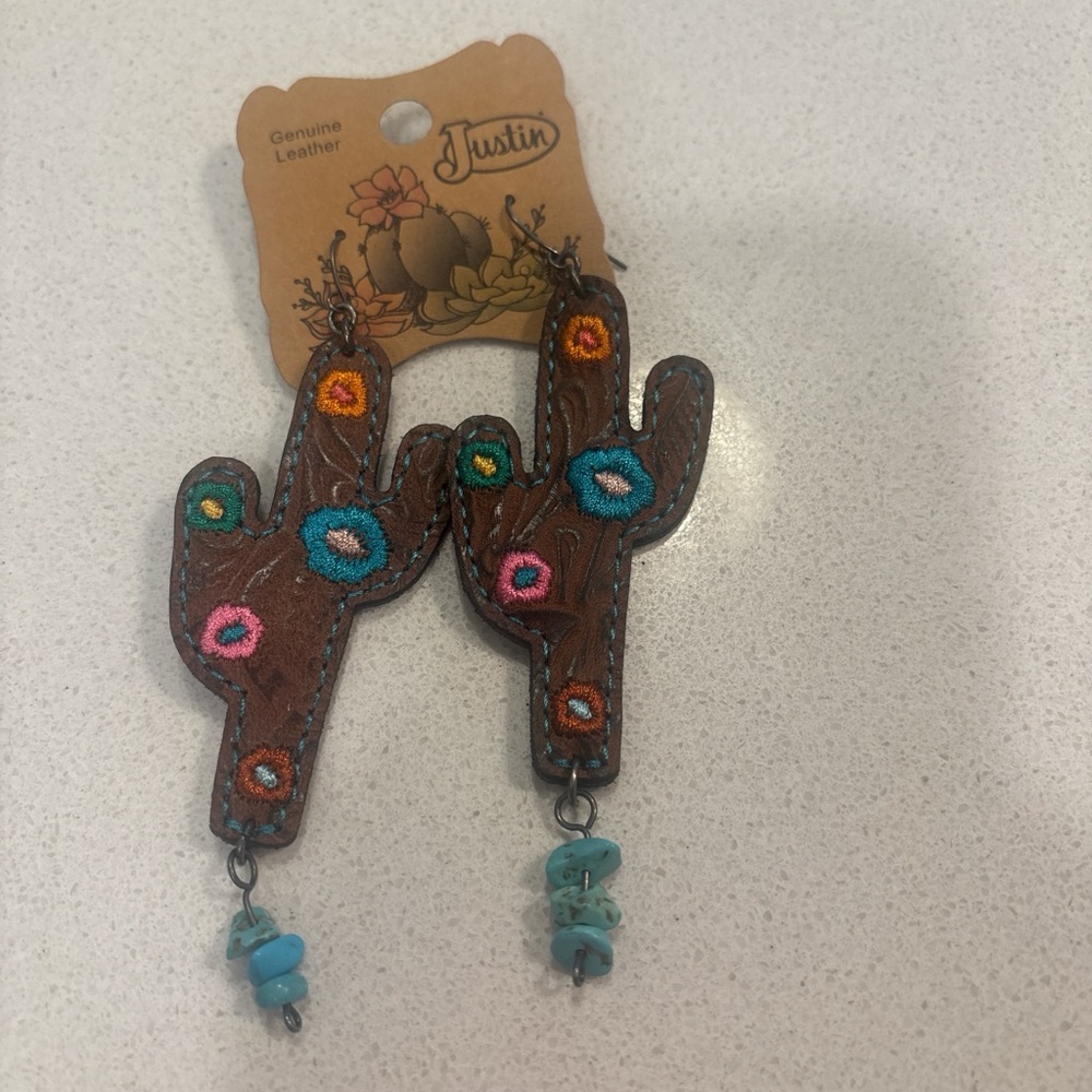 Justin Boots Brown Cactus Earrings with Colorful Accents